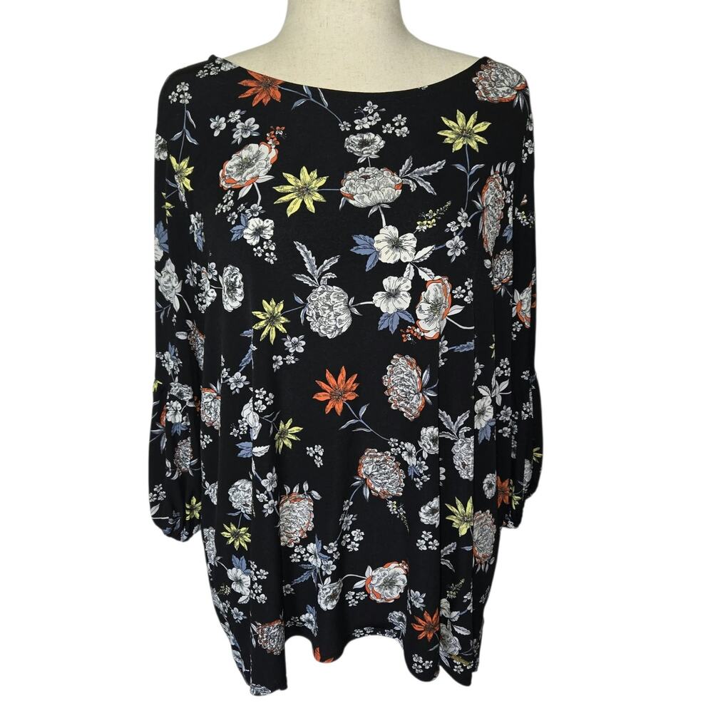 Ellen Tracy Women's 2X Black Floral Print Tunic Top Long Sleeve Boho Keyhole